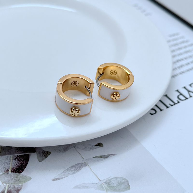Gold-tone enamel geometric hoop earrings, white with gold trim