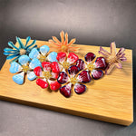 Gradient enamel cherry blossom stud earrings, red, purple, and sky blue set