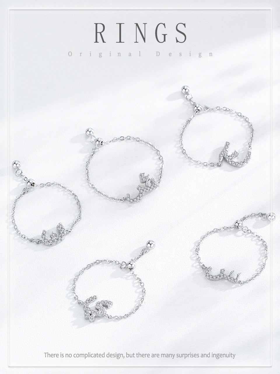 Set of sterling silver adjustable chain rings with Arabic letter charms