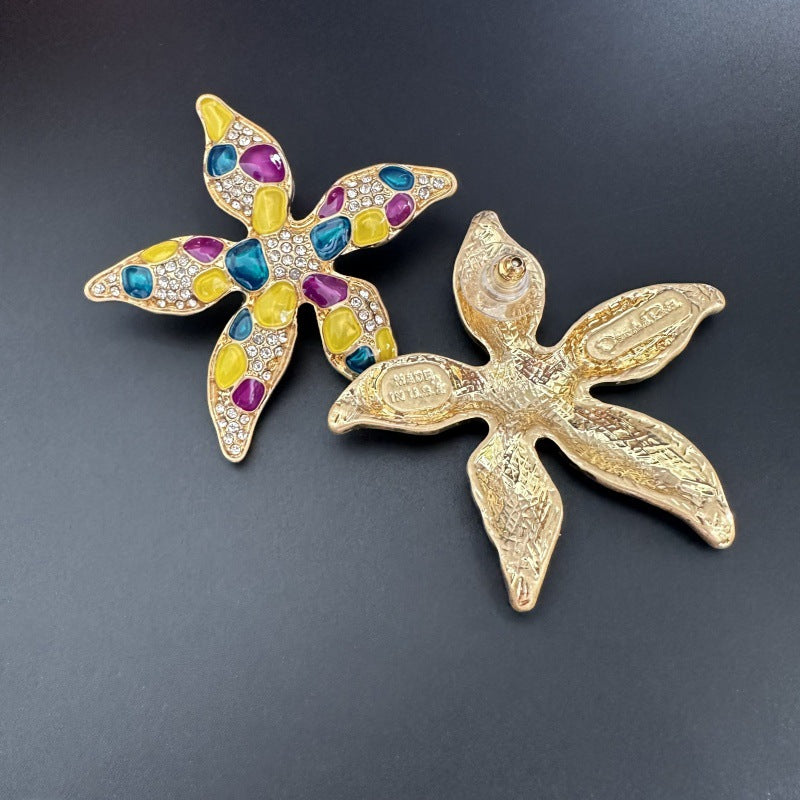Starfish flower enamel earrings, colorful front with gold-tone backings
