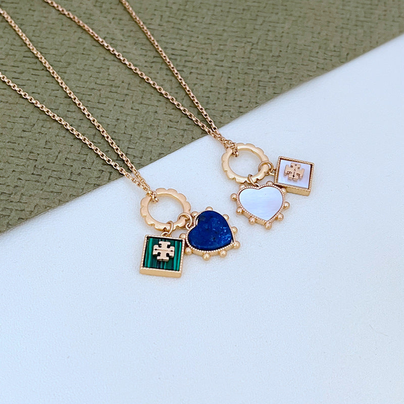 Tory Burch Natural Mother-of-Pearl Heart Square Metal Pendant Necklace