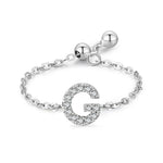 S925 sterling silver adjustable initial ring with chain band and full-pavé letter G