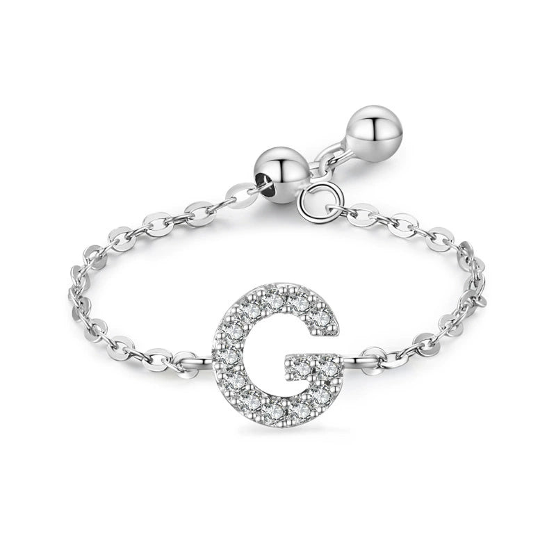 S925 sterling silver adjustable initial ring with chain band and full-pavé letter G