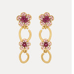 Diamond floral drop earrings in gold with pink and clear crystal flowers
