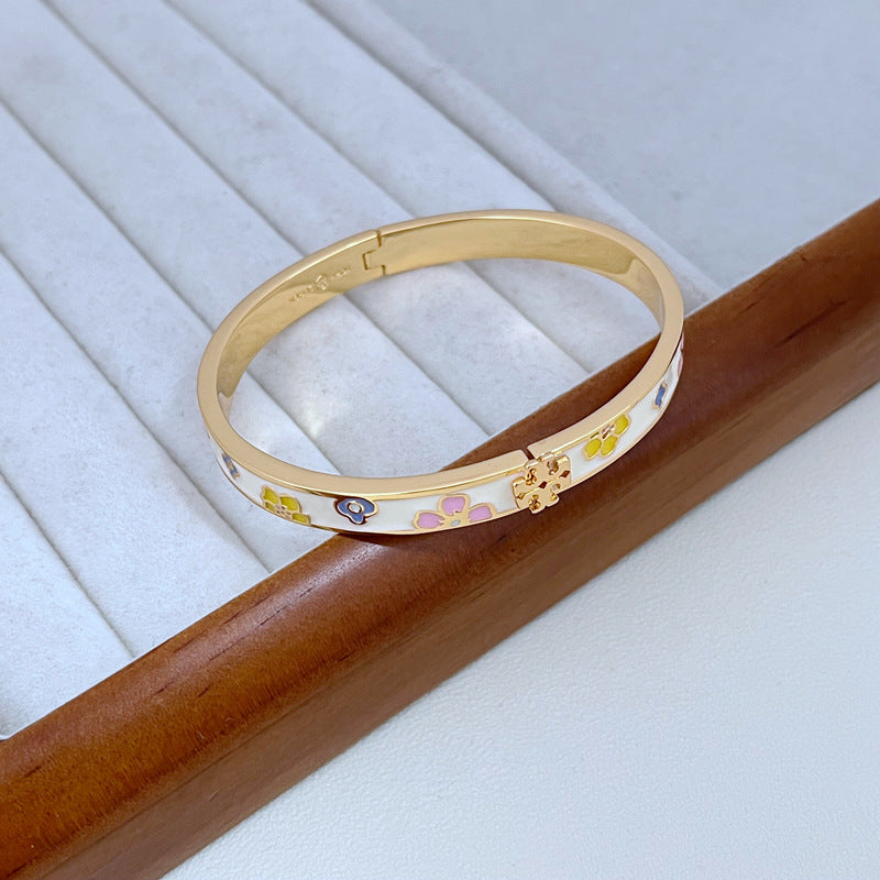 Tory Burch Enameled Floral Pattern Openable Metal Bangle