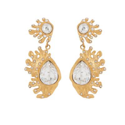 Cactus crystal dangle earrings in gold-tone with clear teardrop stones and small crystals