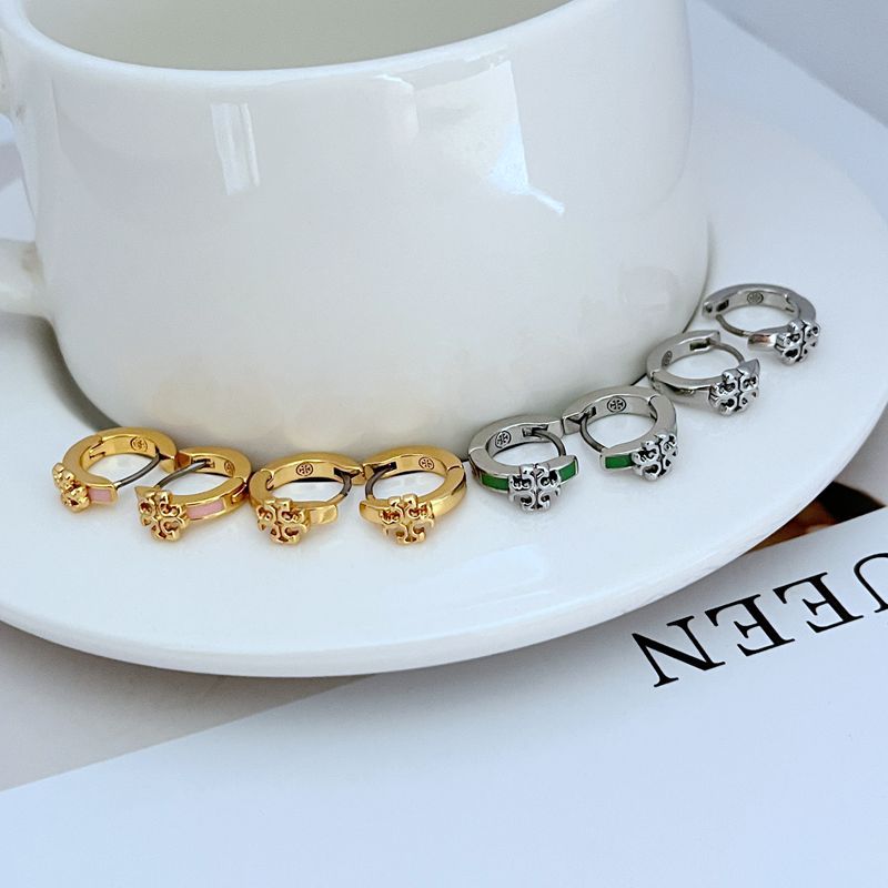 Geometric enamel hoop earrings set: gold-tone and silver-tone with green accents