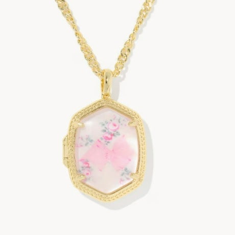Gold-tone pendant necklace with pink floral inlay octagon box pendant