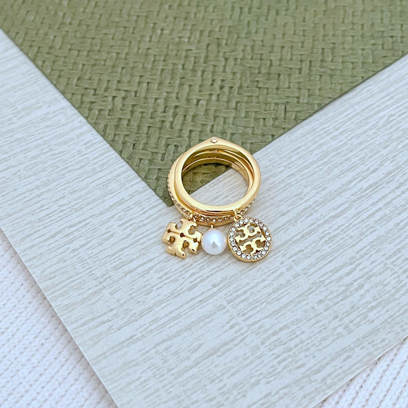 Tory Burch logo pearl three-in-one ring