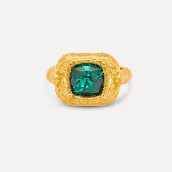 Oscar de la Renta vintage-textured square ring with emerald green stone and gold band