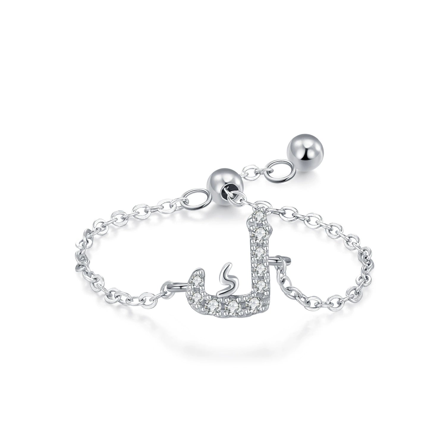 Sterling silver Arabic letter charm ring with pavé crystal, curved Arabic form on chain