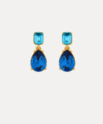 Teardrop-cut crystal stud earrings with bright blue square tops and teardrop drops, gold tone