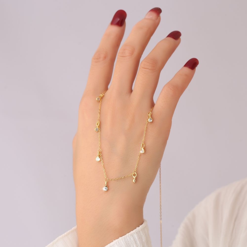 Gold-tone S925 teardrop zircon station necklace with long chain and small charms