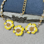 Close-up enamel cherry blossom pendant necklace with yellow flowers on gold filigree centerpiece