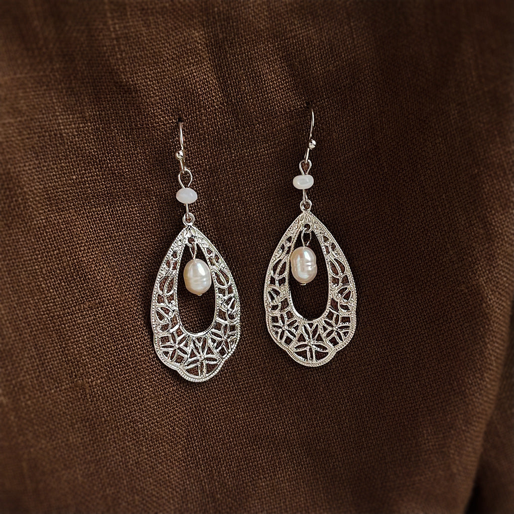 White gold filigree teardrop earrings with freshwater pearl drop detailing