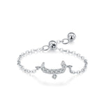 Silver adjustable chain ring with Arabic letter charm, pavé crescent and bead ends