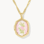 Gold-tone pendant necklace with light pink floral inlay octagon box pendant