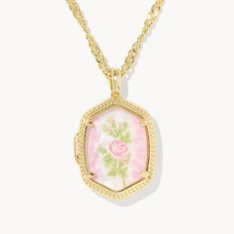 Gold-tone pendant necklace with light pink floral inlay octagon box pendant