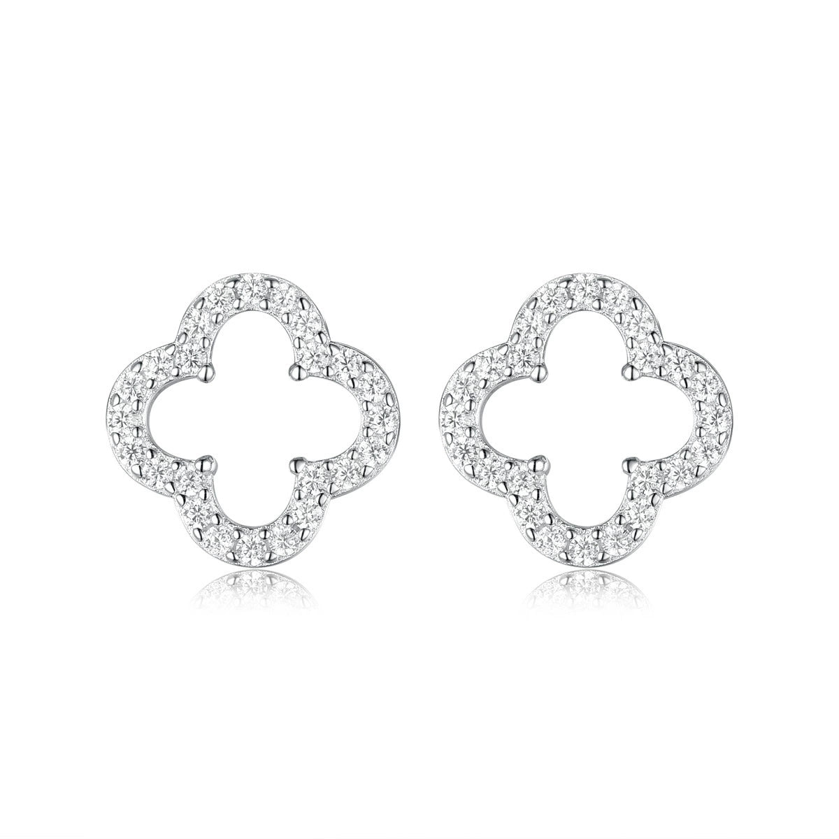 Sterling silver openwork four-leaf clover stud earrings with pavé sparkle