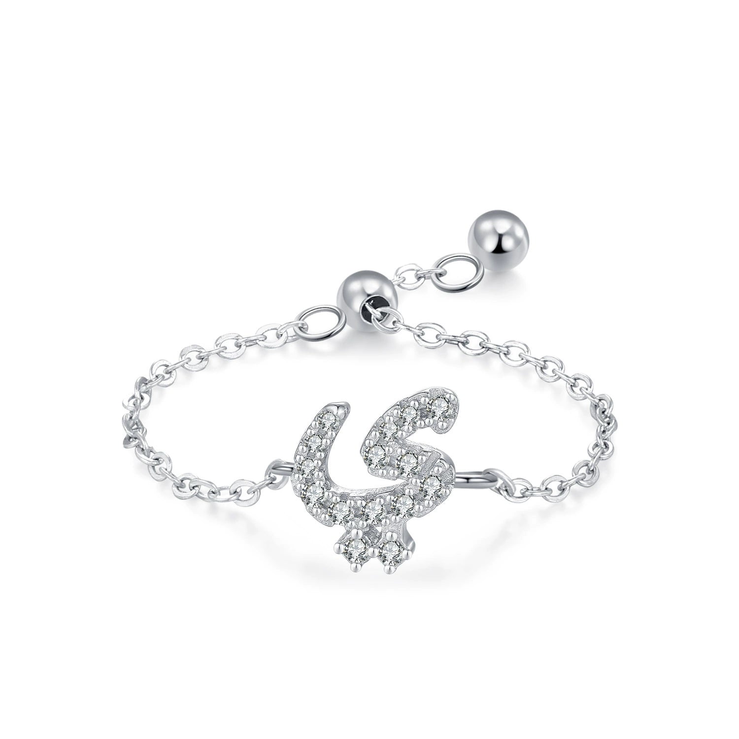 Sterling silver adjustable chain bracelet with Arabic letter charm in clear stones, rounded shape