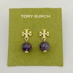 Purple round agate pendant earrings with gold-tone geometric drop details
