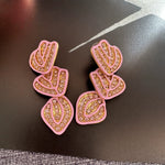 Hand-painted enamel leaf pendant earrings, pink heart leaves with rose-gold pave