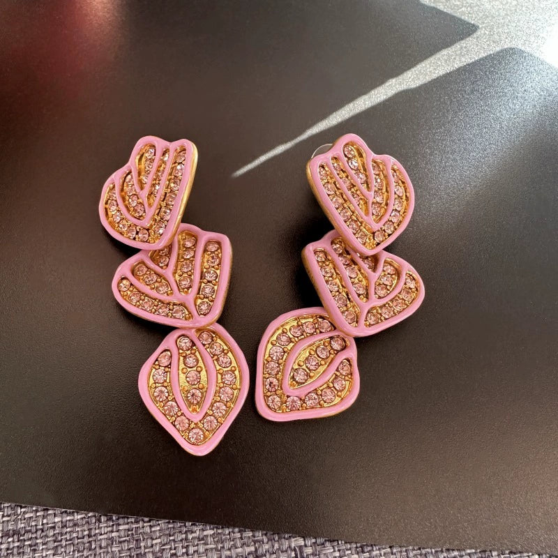 Hand-painted enamel leaf pendant earrings, pink heart leaves with rose-gold pave
