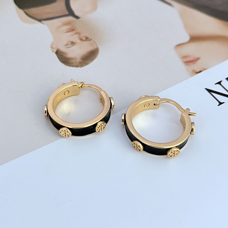 Tory Burch enamel logo hoop earrings, gold-tone hoops with black enamel and logo medallions