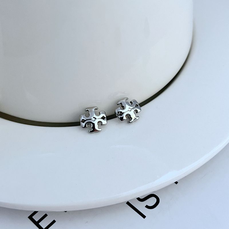 Sweet Petite logo metal stud earrings, white-gold tone, small geometric design