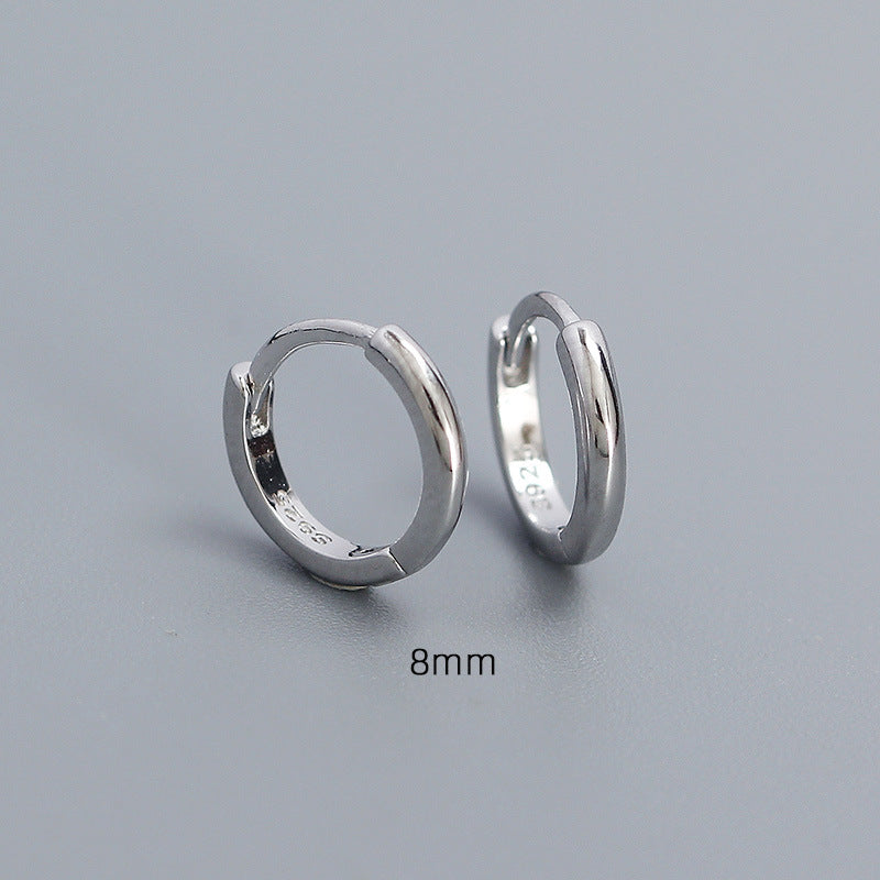 S925光滑圆环耳环，白金色8mm，简约圆圈款