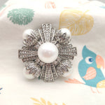 Vintage pearl and crystal brooch, silver-tone fan design with central round pearl