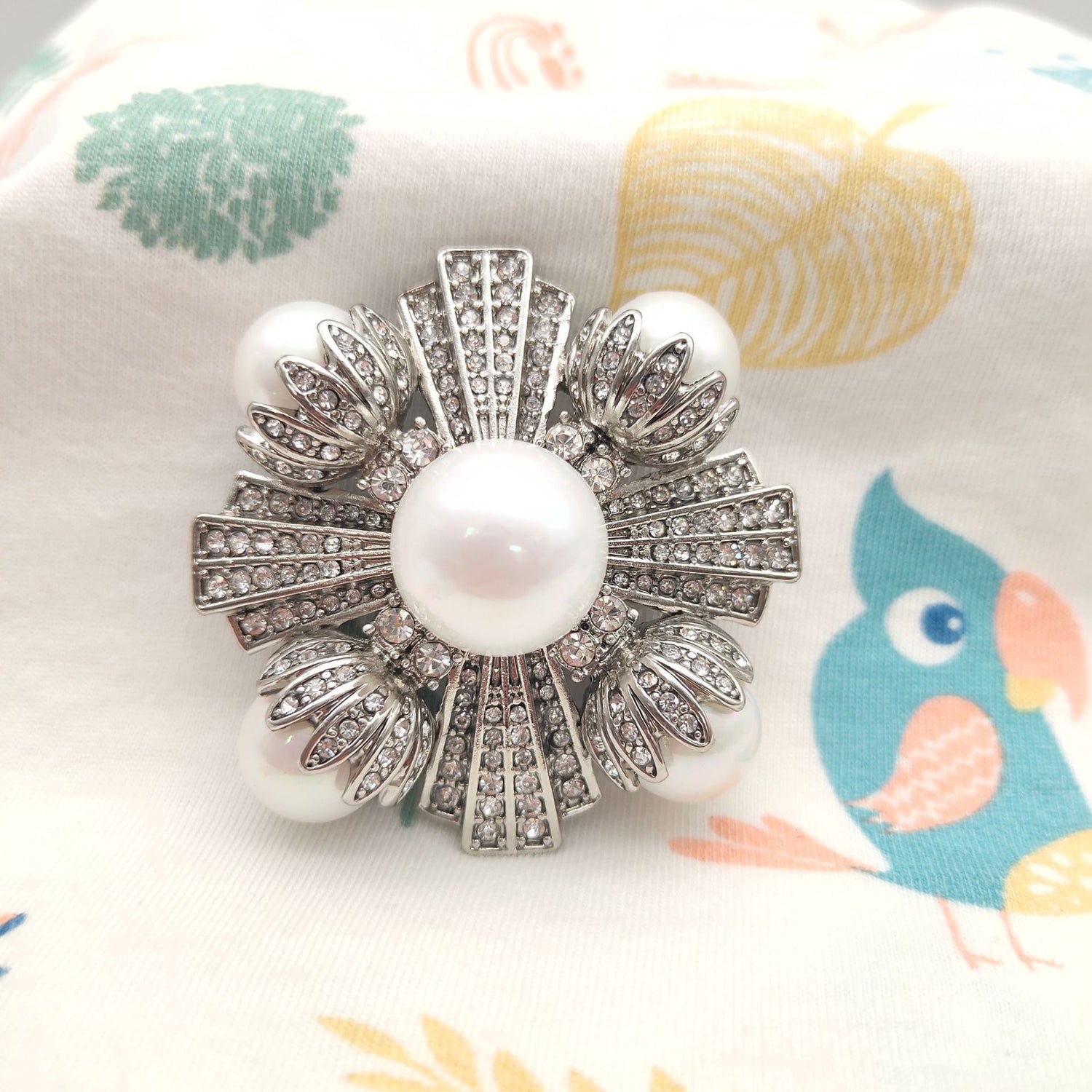 Vintage pearl and crystal brooch, silver-toned floral design with central round pearl