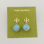 Blue agate pendant earrings with gold logo stud and round bead drop
