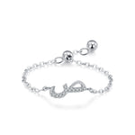 Sterling silver adjustable chain bracelet with Arabic letter charm in clear stones, curved shape