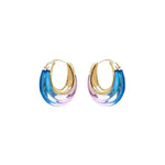 Ombré resin U-shaped hoop earrings, gold-tone metal with blue and purple gradient