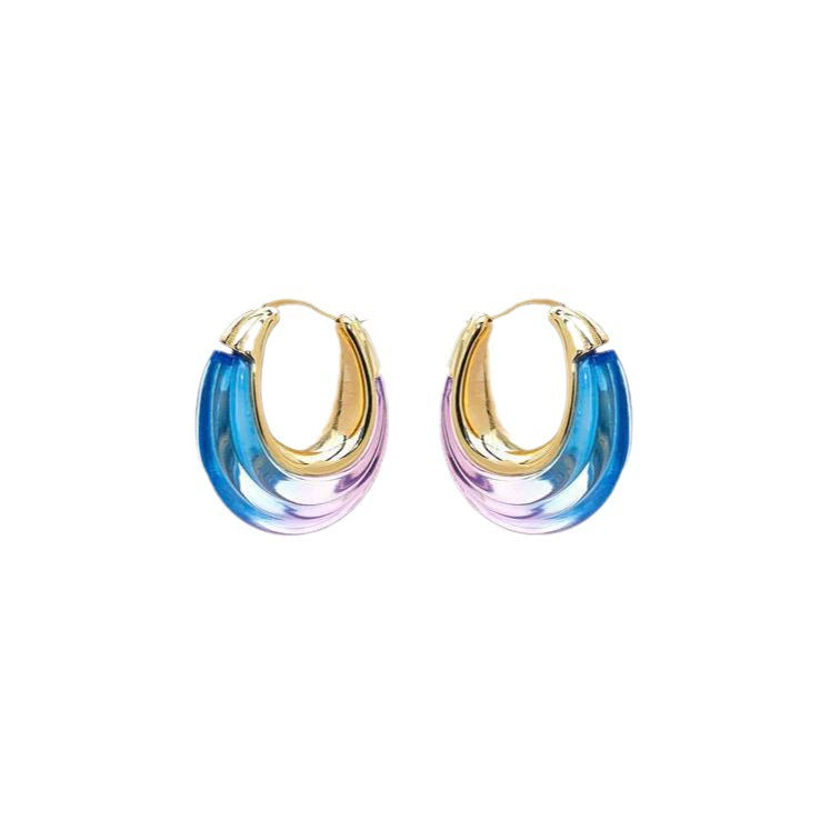 Ombré resin U-shaped hoop earrings, gold-tone metal with blue and purple gradient