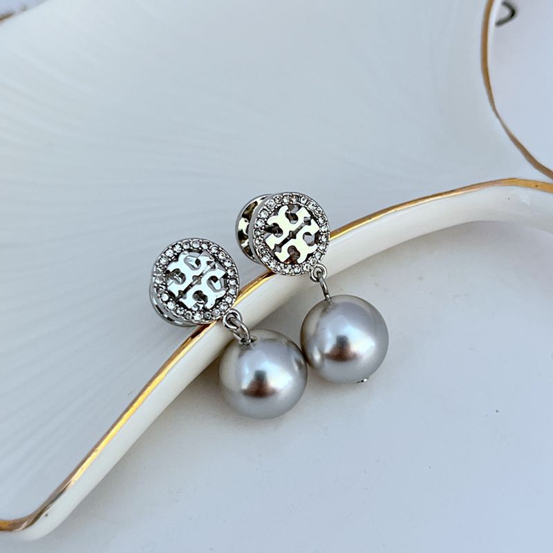 Silver-tone round logo stud earrings with gray pearl drops and pavé border