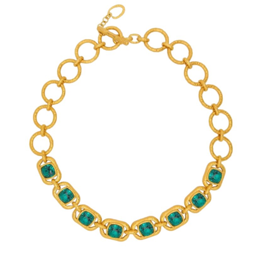 Hammered link necklace with emerald-green faceted crystal oval stations