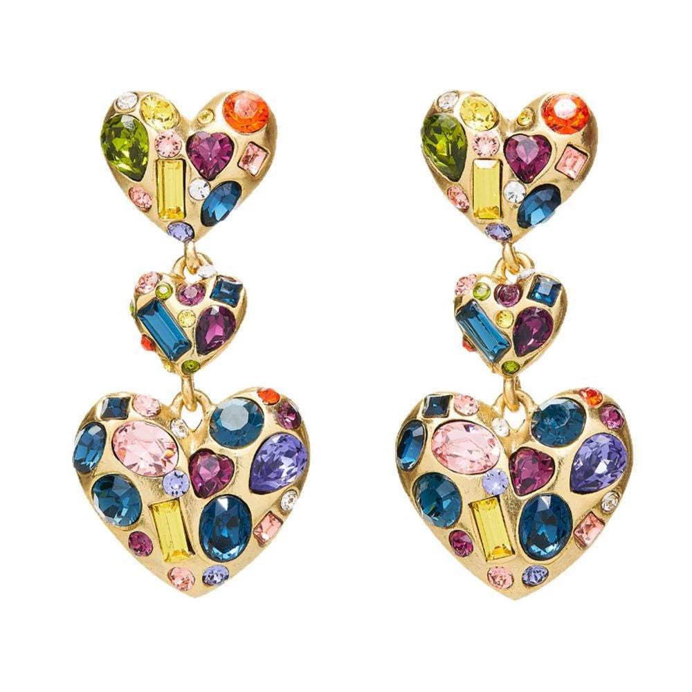Vintage heart crystal drop earrings with multicolor stones and gold-tone hooks