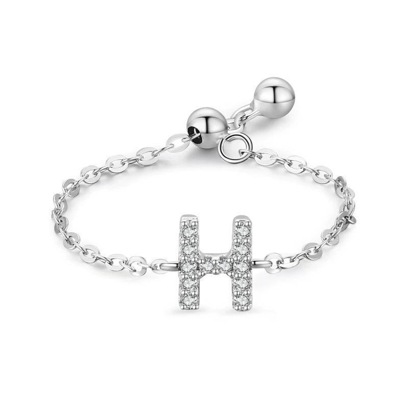 S925 sterling silver adjustable initial ring with chain band and full-pavé letter H