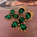 Cactus-cut sparkling glass diamond ear clips in emerald green with gold-tone settings