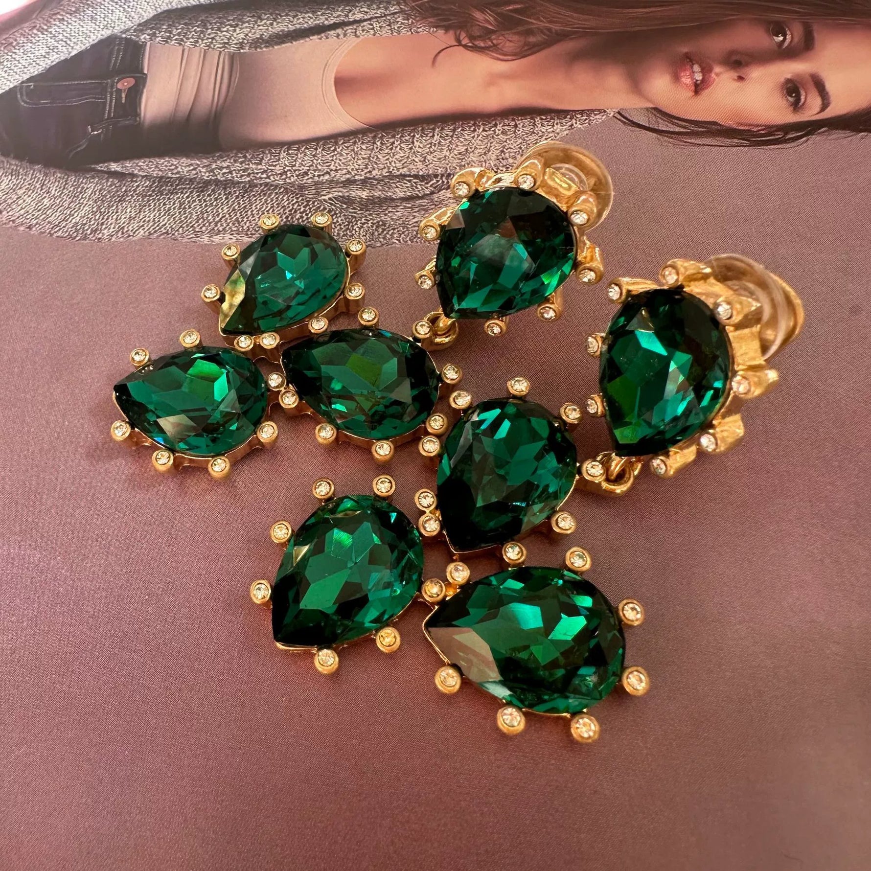 Cactus-cut sparkling glass diamond ear clips in emerald green with gold-tone settings