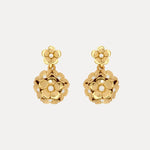 Enamel hydrangea earrings, gold-tone with white pearl drops