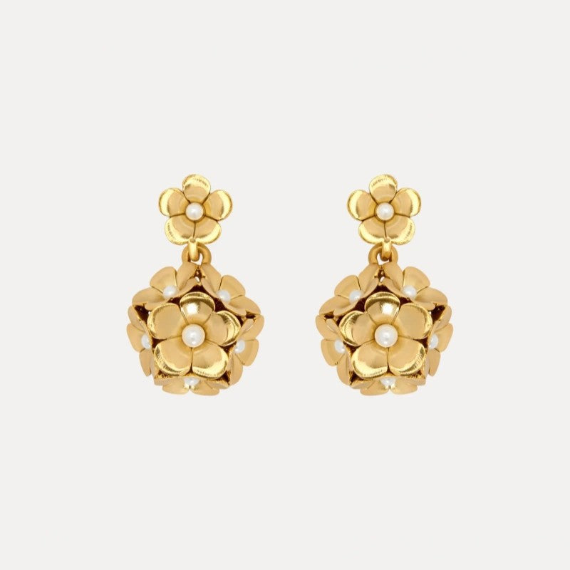 Enamel hydrangea earrings, gold-tone with white pearl drops
