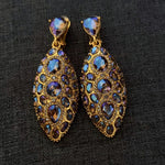 Clip-on teardrop diamond earrings, Purple-blue crystal lace teardrop design