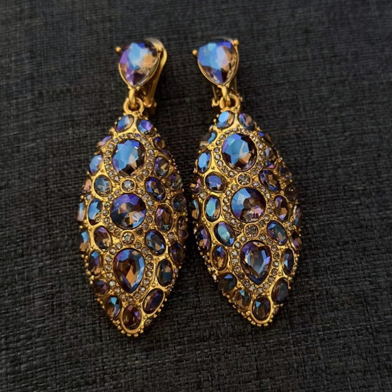 Clip-on teardrop diamond earrings, Purple-blue crystal lace teardrop design