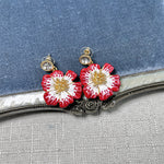 Vintage enamel cherry blossom earrings in red and white with gold beaded floral centers
