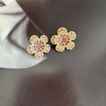Diamond colorful floral stud earrings in gold with pink and clear stones