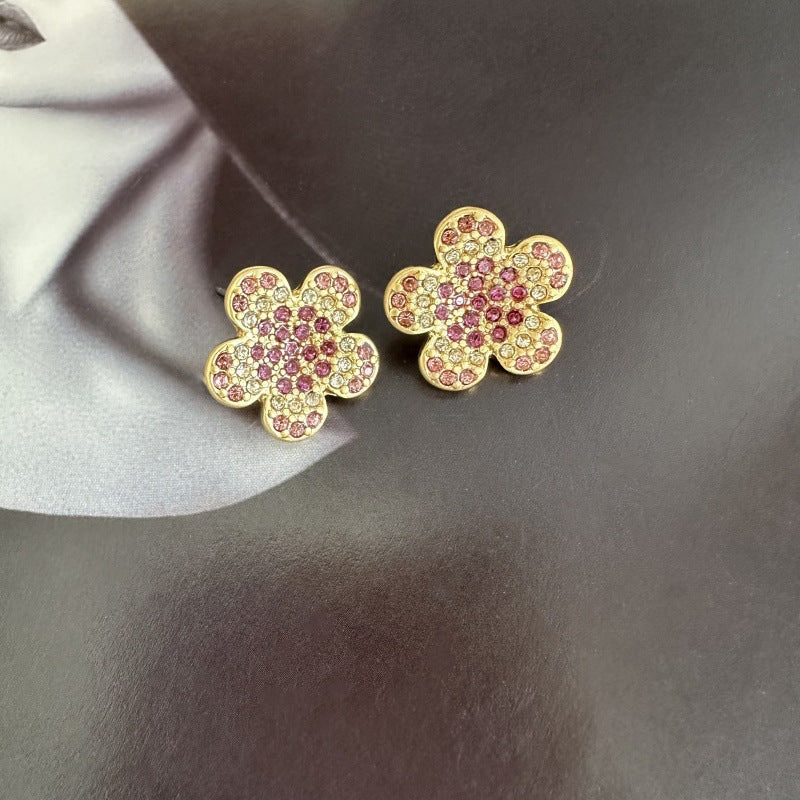 Diamond colorful floral stud earrings in gold with pink and clear stones