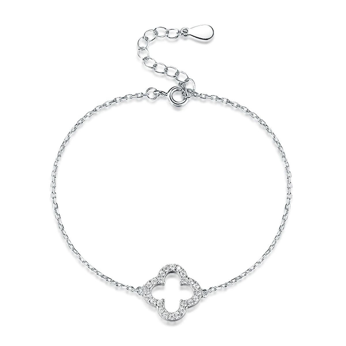 Sterling silver dainty bracelet with four-leaf clover charm in openwork design
